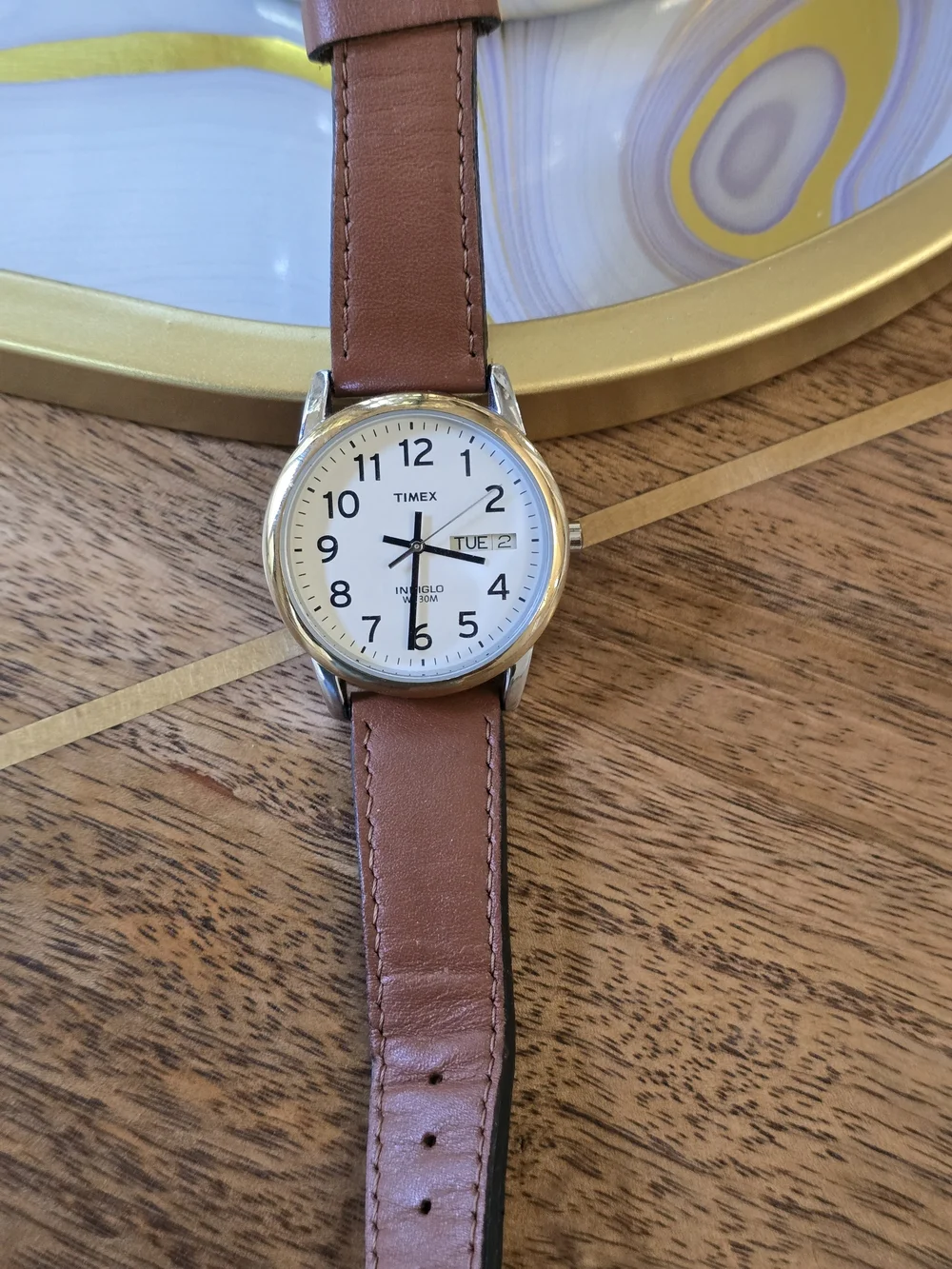 Timex White Dial Brown Leather Strap Day-Date Watch